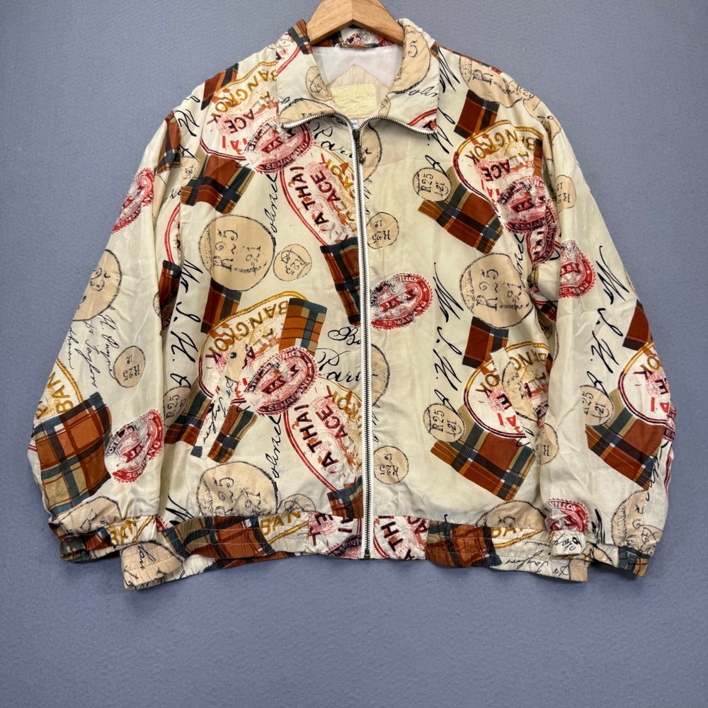 East West Silks Womens Small Silk Bomber Jacket Travel Passport Stamp Print 90s